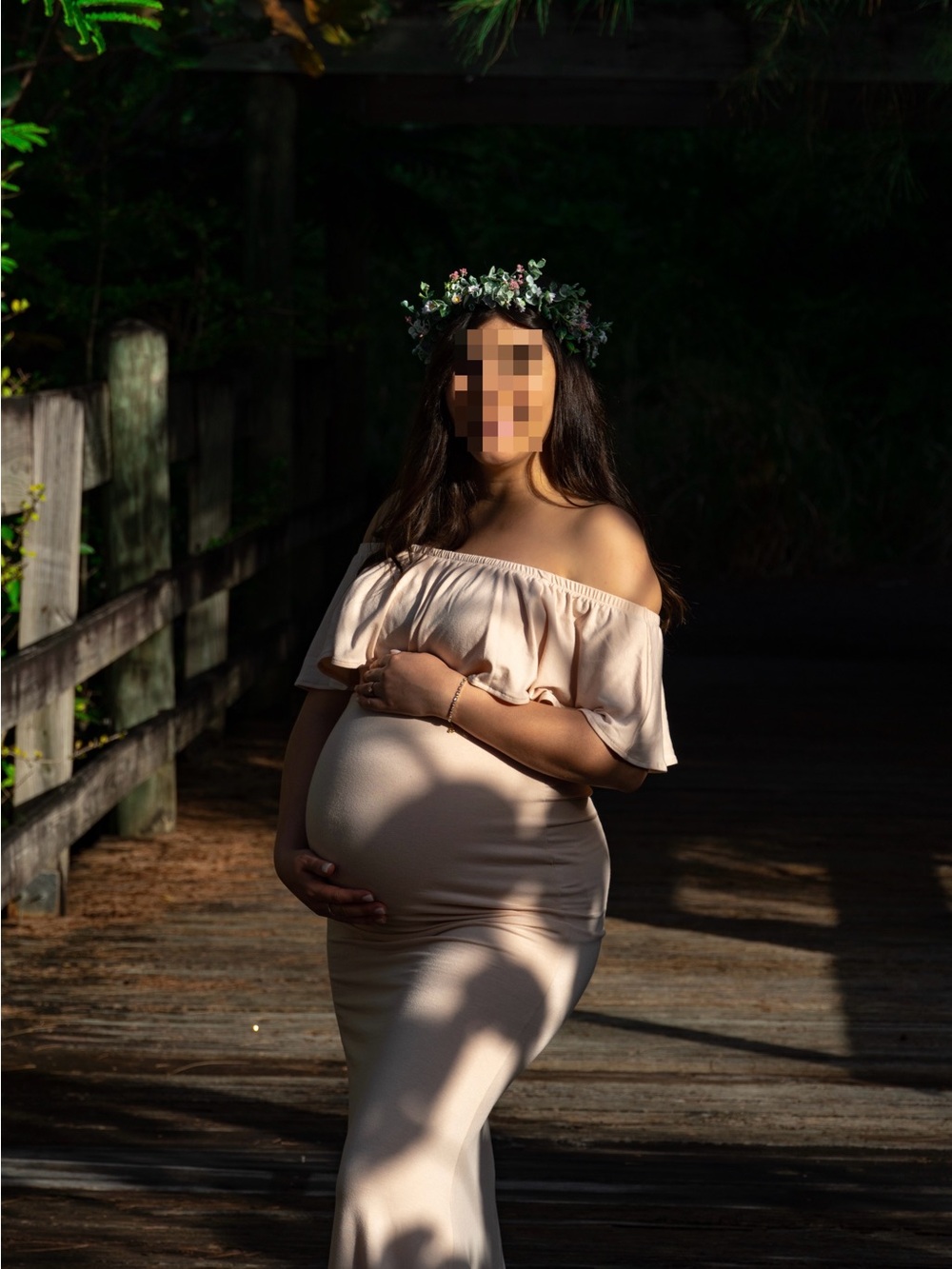 Off Shoulder Maternity Dress for Photoshoot Baby Shower Dress Beige (Medium)